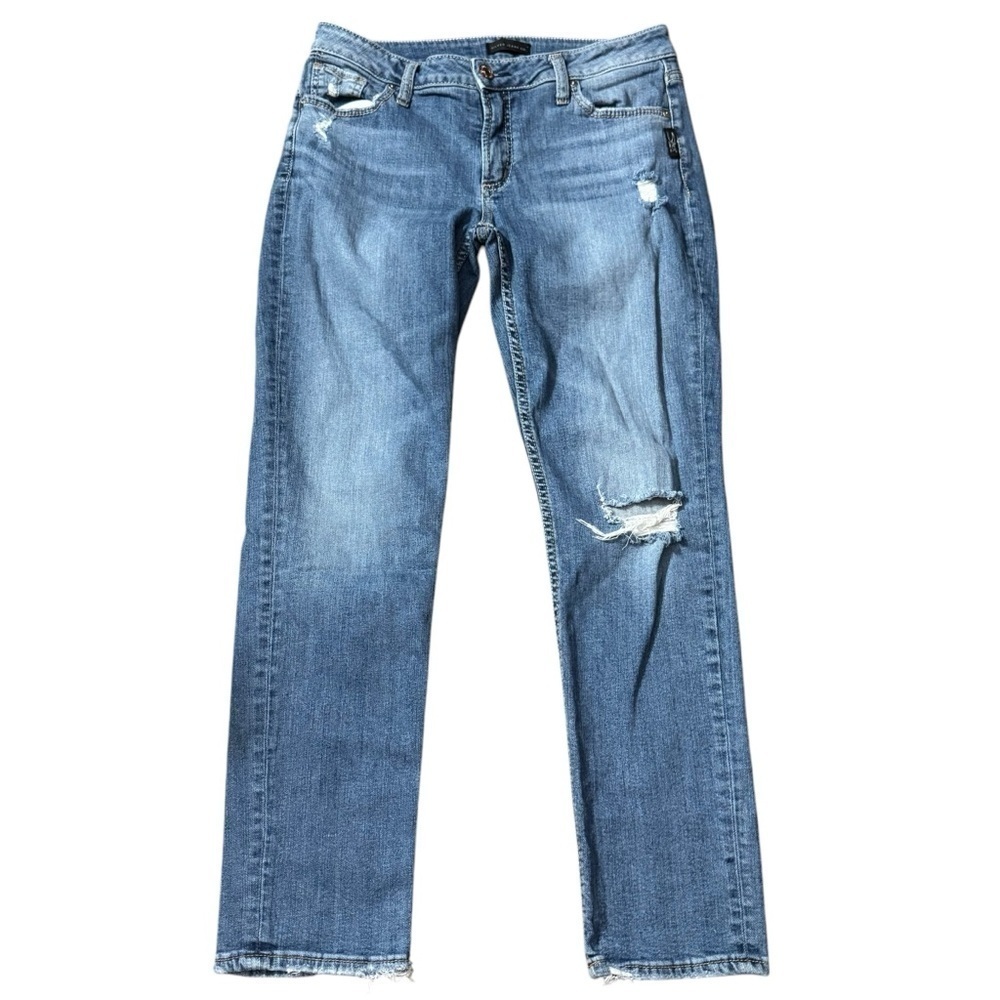 Silver Jeans Co. AVERY Women’ Slim 31/29 Blue Destroyed Low-Rise Straight Denim